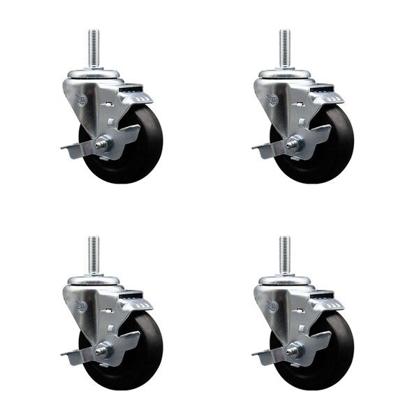 35 Inch Hard Rubber Wheel Swivel 34 Inch Threaded Stem Caster Set with Brake SCC